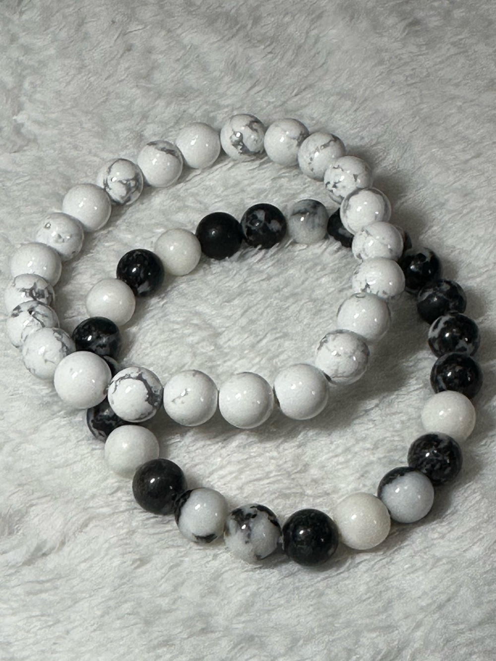 Handmade White Howlite & Black Zebra Jasper Beaded Bracelet Set